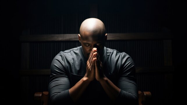 African American and Caribbean men praying with hands together in worship on black background stock photo