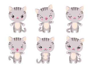 Cartoon cat emoji kawaii style. Fun kitten character set various emotions. Cute kitty adorable cat children vector. Kawaii animal facial expressions - calm, happy, laughing, smiling, waving, winking.