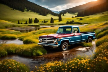 A classic pickup truck crossing a shallow stream in a picturesque meadow surrounded by wildflowers and rolling hills.