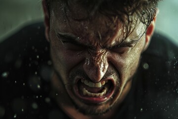 Intense portrait of a man expressing strong emotion, with water droplets adding to the dramatic effect.

