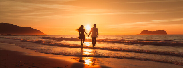 Fototapeta na wymiar couple in love walking on the beach at sunset