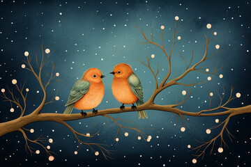 A whimsical postcard design with an illustration of two lovebirds perched on a branch, leaving space for a sweet and romantic message on Valentine's Day.