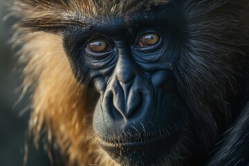Portrait of a contemplative Gelada monkey, with focus on its expressive face and mane, in the highlands of Ethiopia.

