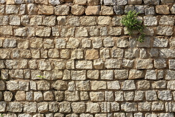 a yellow beige natural stone wall of different sized stones, traditional crafts