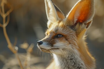 Majestic close-up of a Fennec Fox with vivid details, highlighting its large ears and attentive expression in a natural habitat.

