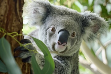 Adorable koala clutching a eucalyptus branch, with its charming gaze and fluffy ears, set against a natural backdrop.

