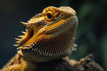 A detailed portrait of a bearded dragon lizard, showcasing its textured scales and piercing gaze, set against a dark background.

