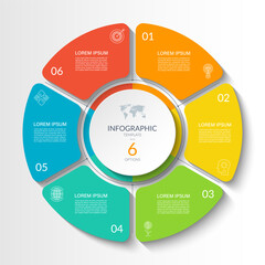 Infographic circular vector template with 6 options, parts. 6-step cycle diagram for business infographics. Process chart, vector banner for presentation, report, brochure, web, data visualization.