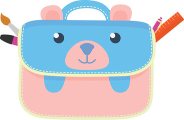 Bear-shaped pencil case with brush and ruler. Cute animal stationery for kids. Education and back to school vector illustration.