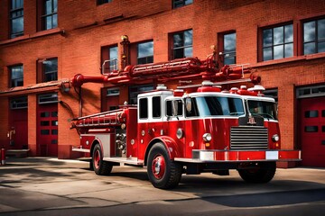 A classic red fire truck parked outside a fire station, ready for immediate action. - obrazy, fototapety, plakaty