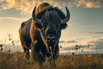 Bison running in the wild, a dynamic display of wildlife and the untamed beauty of nature.

 - obrazy, fototapety, plakaty