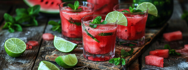 Close up of fresh watermelon juice or cocktail in glasses with pieces of watermelon. A refreshing summer drink - obrazy, fototapety, plakaty