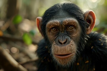 Chimpanzee with a contemplative expression amidst the jungle flora

