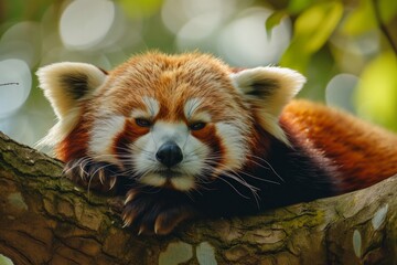 Red panda lounging on a tree branch, fluffy tail curled in nature's embrace  