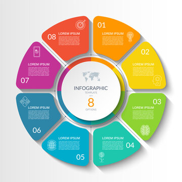 Infographic circular vector template with 8 options, parts. 8-step cycle diagram for business infographics. Process chart, vector banner for presentation, report, brochure, web, data visualization.