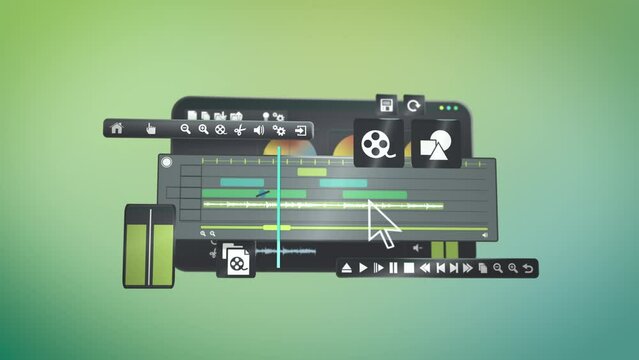 Interface of editing software program app for video audio editing, creating clips, social media posts, 3d animation