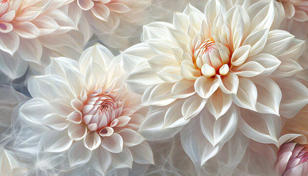 Piękne, białe Dalie. Dekoracja ścienna, tapeta, abstrakcja. Generative AI