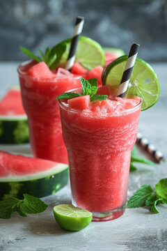 Close up of fresh watermelon juice or cocktail in glasses with pieces of watermelon. A refreshing summer drink