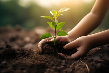Hands child holding young plants on the back soil in the nature park of growth of plant for reduce global warming. Ecology concept