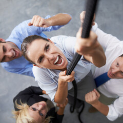 Business people, face and woman climbing rope with effort, motivation and support cheers for...