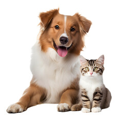 Joyous dog and cat sitting together isolated on white or transparent background