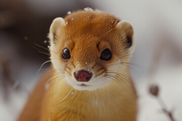 A stoic weasel in a snowy setting, its warm-toned fur contrasting with the cool white snowflakes.

