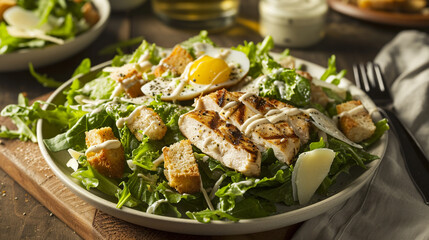 Caesar salad with grilled chicken and crackers - obrazy, fototapety, plakaty