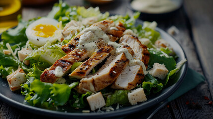 Caesar salad with grilled chicken and crackers