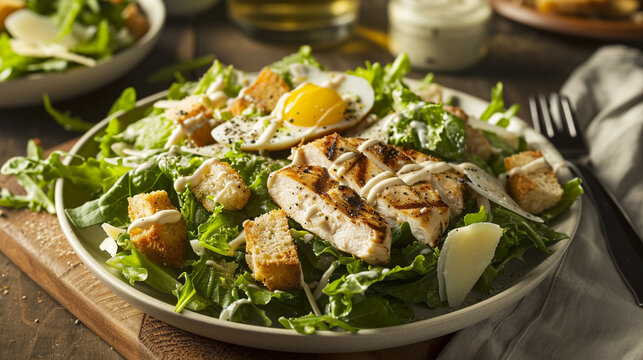 Caesar salad with grilled chicken and crackers