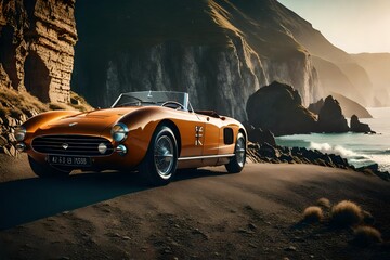 A vintage sports car parked by the cliffs of a breathtaking coastal route, capturing the beauty of...