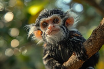 Endearing young monkey with striking eyes, nestled in a tree in its natural habitat.

