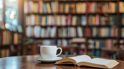 Books and cup of coffee on table in library
