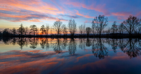 Colorful sunset panorama at Ruhr river near Iserlohn and Schwerte. Row of bare tree silhouettes...