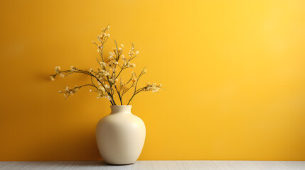 aesthetic cream color wall background with flower in vase