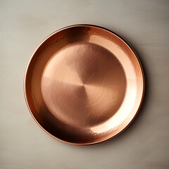 Fotografia de estilo mockup con detalle de plato de cobre con reflejos de luz sobre fondo neutro