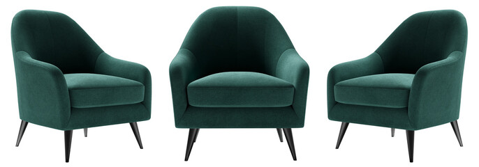 Green Velvet  fabric armchair set  with wood legs isolated on white background. Furniture Collection