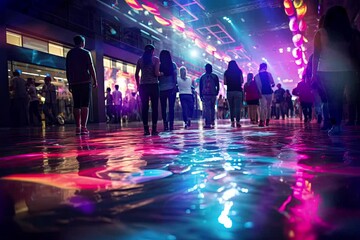 Animation of night club interior in neon lights .disco party 80s concept. High quality FullHD footage