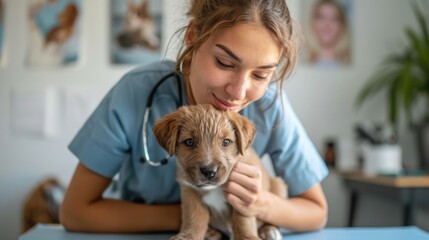 Caring female veterinarian examining a puppy, embodying compassion and animal care. - obrazy, fototapety, plakaty