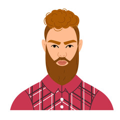 Portrait of a young brutal man with a beard in a plaid shirt. The avatar of a modern serious male character. Bright vector illustration in a flat style