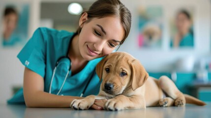 Caring female veterinarian examining a puppy, embodying compassion and animal care.