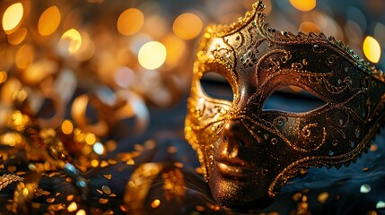 Golden Venetian carnival masquerade parade mask on blurred dark blue background with orange lights. Copy space. For costume festival celebration, invitation, promotion.