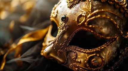 Golden Venetian carnival masquerade parade mask on blurred dark blue background with orange lights. Copy space. For costume festival celebration, invitation, promotion. - obrazy, fototapety, plakaty
