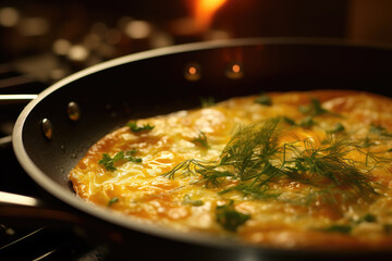 Culinary art in everyday life: a golden omelet sizzling in a pan, ready to be served as a wholesome and tasty breakfast in a cozy kitchen setting.