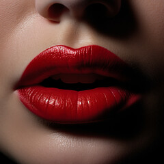 Fondo con detalle y textura de labios femeninos pintados con carmin de color rojo intenso