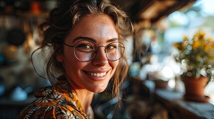 Young Stylish Woman Smiling with Glasses Indoors.