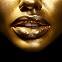 Fotografia con detalle de labios y parte de rostro femenino cubiertos por color dorado brillante, con reflejos de luz - obrazy, fototapety, plakaty