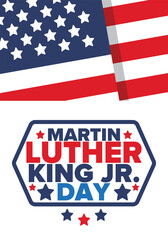 Martin Luther King, Jr. Day. Celebrated annual in United States in January, federal holiday. African American Rights Fighter. Patriotic american elements. Poster, card, banner, background. Vector