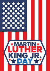 Martin Luther King, Jr. Day. Celebrated annual in United States in January, federal holiday. African American Rights Fighter. Patriotic american elements. Poster, card, banner, background. Vector