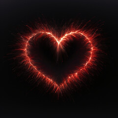 Fondo con detalle de forma de corazon realizado con lineas de luz de color rojo, sobre fondo negro - obrazy, fototapety, plakaty