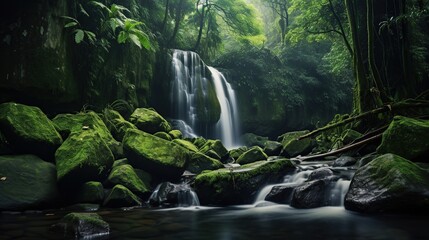 waterfall in the middle of a tropical forest with mossy rocks. natural natural scenery - obrazy, fototapety, plakaty
